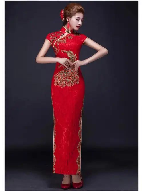 古典风凤凰刺绣旗袍,复古红色斜襟开叉旗袍裙