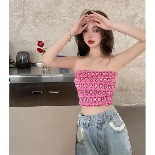 粉色爱心印花抹胸吊带小背心女夏季外穿无肩带防走光裹胸内搭上衣