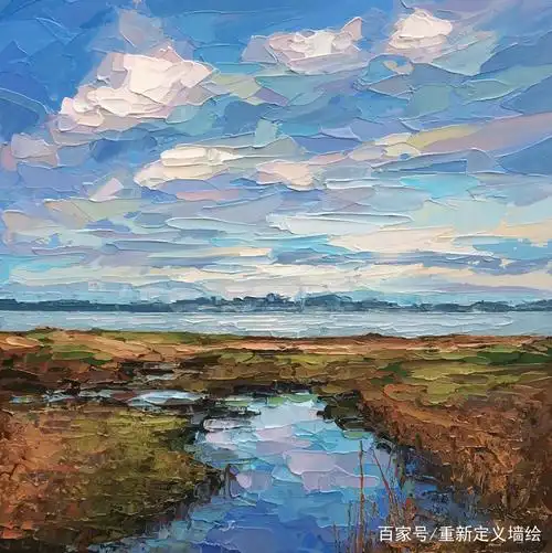 用刮刀和丙烯颜料绘制的河口自然风景艺术