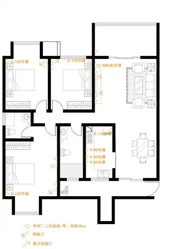 三房二厅电线,开关插座设计图第29617386号稿件