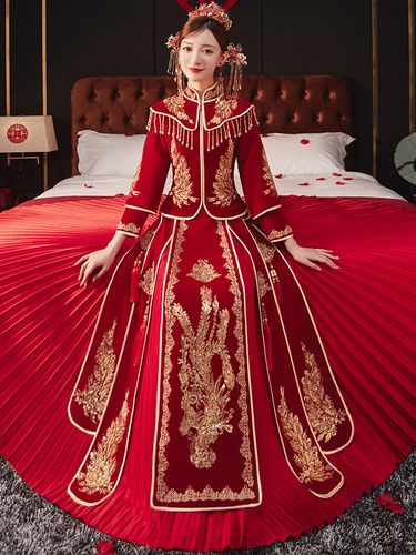 高端丝绒中式嫁衣秀禾服情侣2022新款新娘结婚礼服显瘦龙凤褂冬季