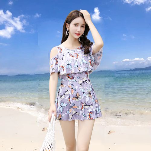 泡温泉韩国分体小香风女生游泳衣两件套大码平角显瘦海边度假泳装