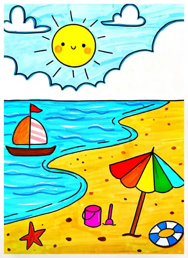 夏天主题画——夏日海滩.夏天来了,去海边玩沙子吧,吹着凉爽的 - 抖音