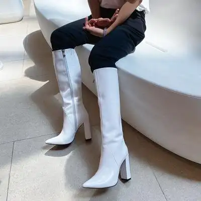 欧美秋季新款白色牛皮真皮高跟粗跟高筒靴尖头侧拉链长靴超高跟鞋