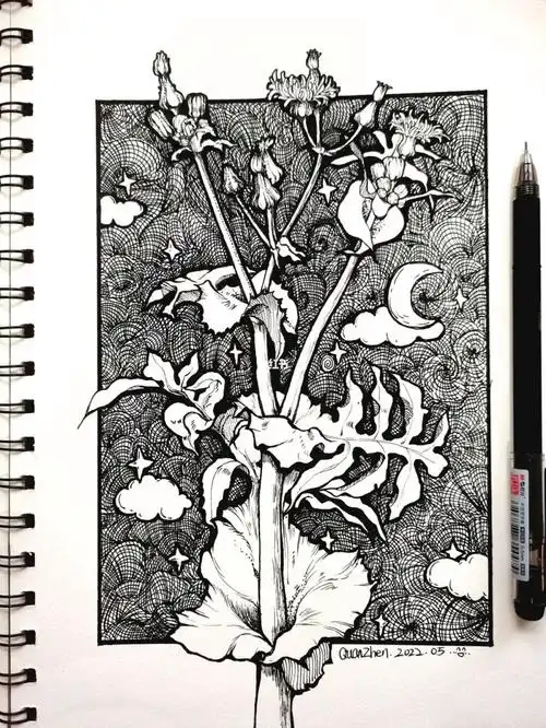 学校里的野草植物线稿黑白装饰画