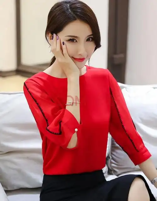 公子雪 雪纺衫女短袖装春季2021年新款七分袖衬衫打底时尚女士上衣