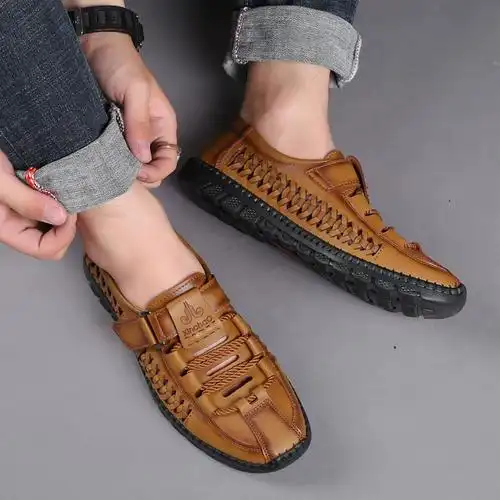 高端品质青年男士夏季镂空透气软底皮凉鞋新款休闲洞洞鞋手工时尚