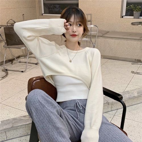 春秋2021新款韩版温柔风穿搭短款毛衣女套装针织背心吊带两件套潮