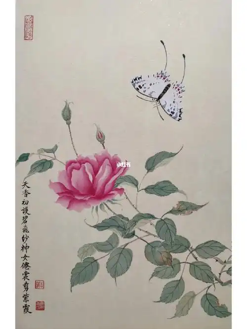 没骨画74100月季蝴蝶