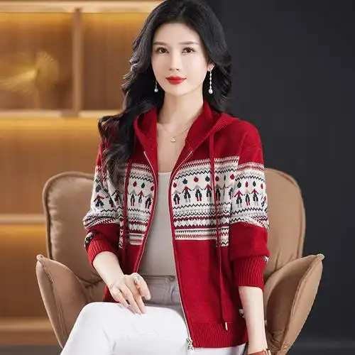 恒源祥春秋连帽羊毛开衫女大码宽松外搭针织衫拼色提花毛衣外套女