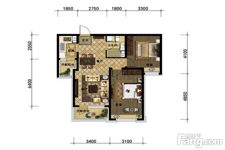 颐和城4#3-18层东侧81.98平户型 2室2厅1卫1厨 81.98㎡