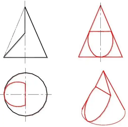 图示形体为圆锥被一个侧平面和一个正垂面所截切形成这两个截平面的