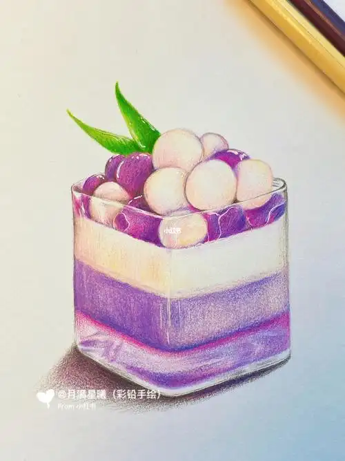 素材来于@薄柿茶茶#手绘  #彩铅画  #彩铅手绘  #奶冻  #甜品  #素材