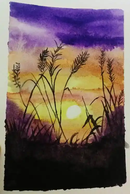 day3水彩画晚霞水彩风景落日夕阳hqh水彩画教程|只需5步,教你画出富有