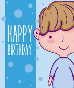 可爱男孩生日贺卡卡通矢量插图平面设计照片
