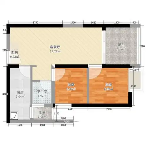 壹城中心-公租房2室2厅1卫1厨65.00㎡户型图户型图