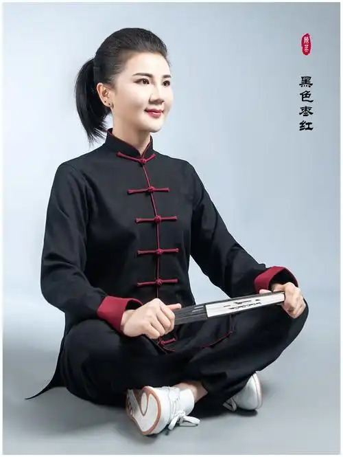 陈英太极服男女中国风春秋冬季黑色棉麻武术表演练功服太极拳服装黑色