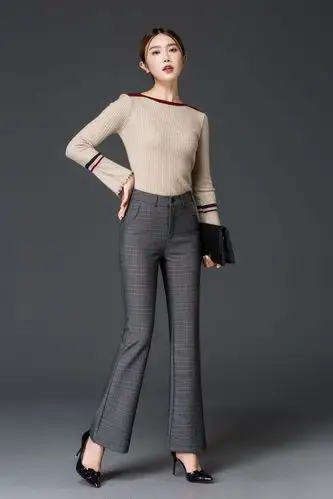 2019秋季新款休闲裤千鸟格时尚弹力长裤高腰显瘦女裤微喇裤g8503