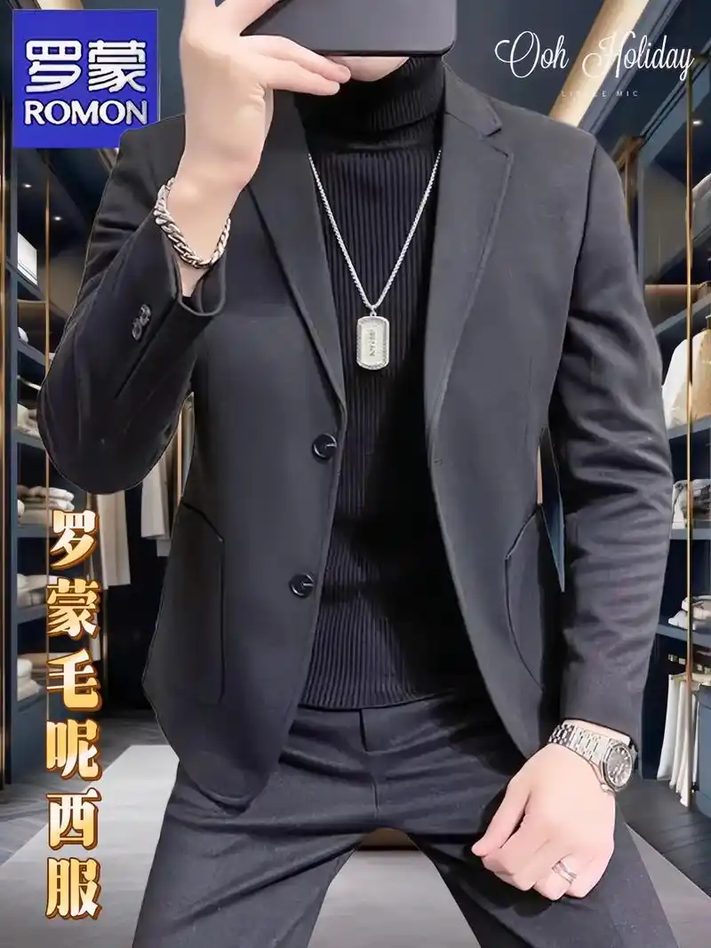 修身落肩西服男94.秋冬英伦风呢子小西装男!romo - 抖音
