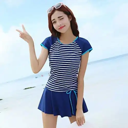 泳衣女保守分体平角游泳衣2023新款显瘦遮肚女士运动大码分体泳装