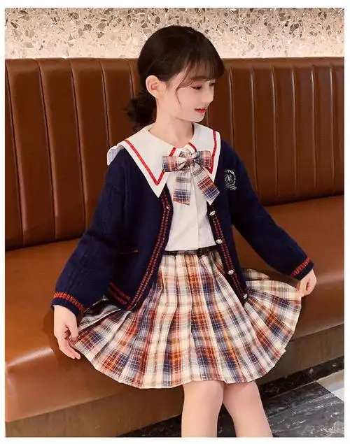 尚秋丹女童jk套装春秋学院风百褶裙女孩衣服9-12岁裙校服小学生马甲