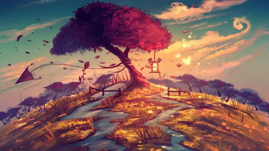 奇幻树木意境绝美手绘插画,艺术壁纸-回车桌面