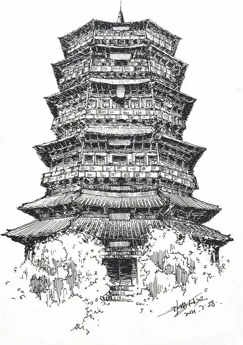 古建筑手绘  应县木塔