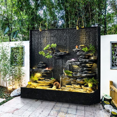 云中雾岚大型山水幕墙屏风庭院别墅户外水系景观瀑布流水喷泉循环落地