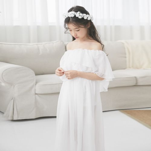 童装2019夏季新款连衣裙儿童一字肩雪纺仙女露肩长裙中大童沙滩裙