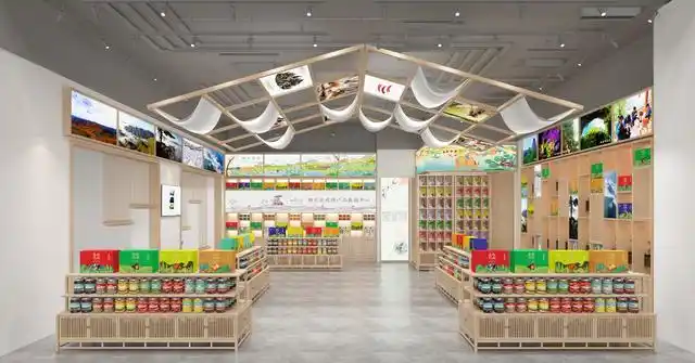 简约原木风农产品展厅,以产品展示为主,高低错落的摆放,墙上也设计了