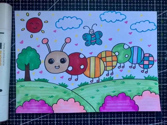 毛毛虫儿童画圆形的毛毛虫卡通创意画