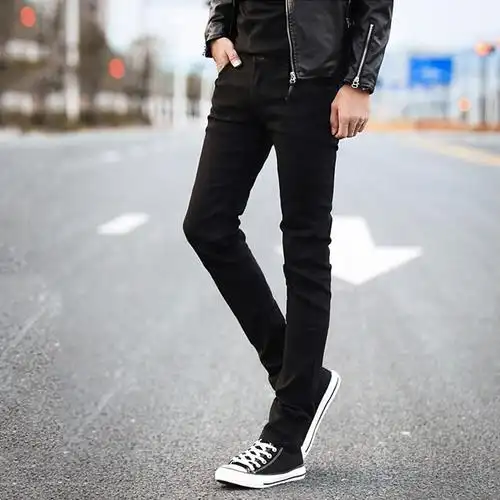 夏季黑色弹力牛仔裤男士韩版修身小脚裤潮牌弹力男装春秋款男裤子黑裤