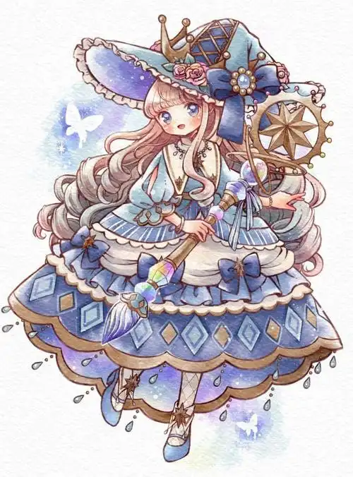 水彩彩铅插画|洛丽塔少女与熊的童话故事 动漫人物上色服饰素材