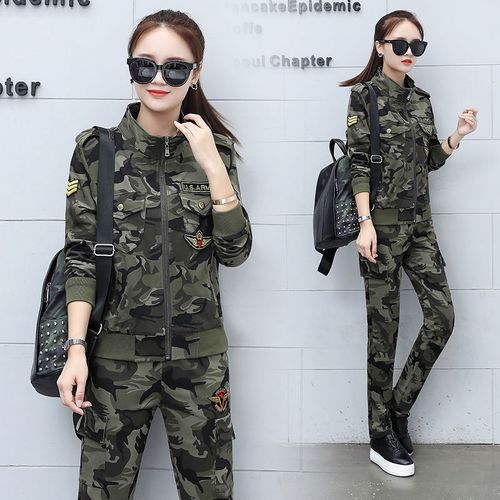 户外春秋新款韩版针织迷彩服套装女帅气军装两件套休闲运动三件套