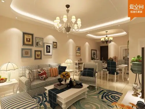 田园风格105平米三居客厅沙发背景墙设计效果图_装修123效果图