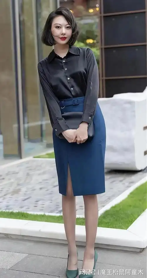 霸道女总裁黑衬衣西装裙搭配气质绿高跟行政气质魅力动人