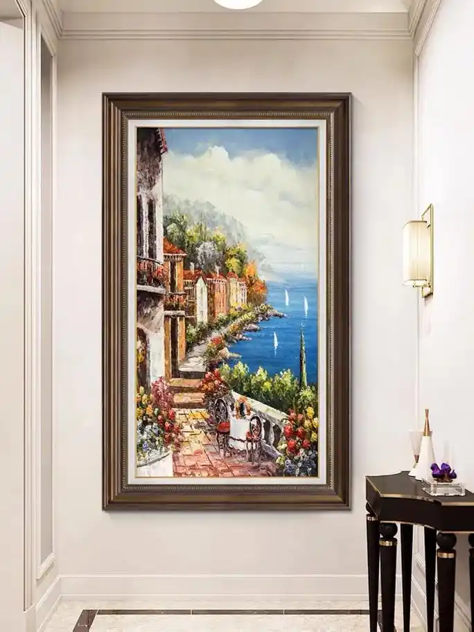 美式入户玄关装饰画门 餐厅挂画楼梯壁画 欧式复古建筑油画#家 - 抖音