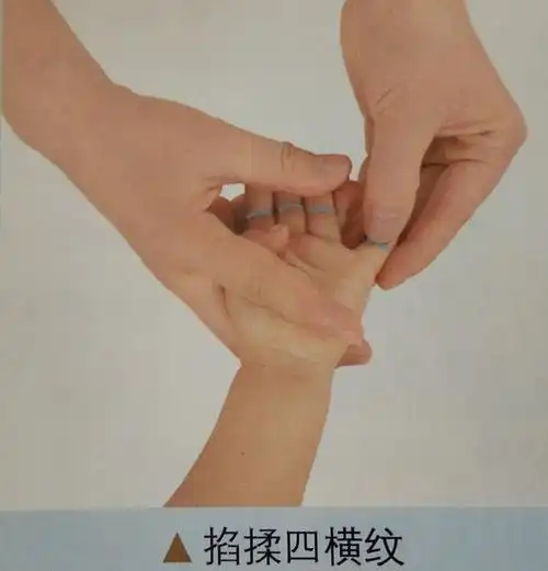 用拇指桡侧从食指横纹处推向小指横纹100~300次,称推四横纹;用拇指