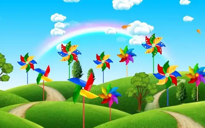 y1039 小小花园 歌曲配乐 唯美蓝天白云大风车彩虹绿色草地幼儿园六一