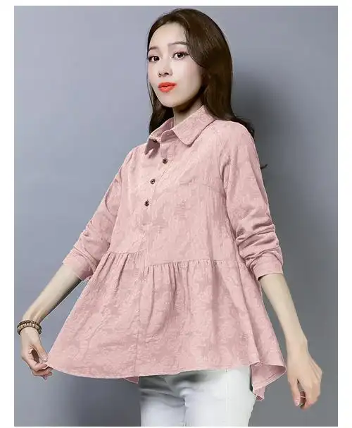 棉麻t恤女长袖娃娃领纯棉t恤体恤t血韩版宽松上衣中长款打底衫秋冬