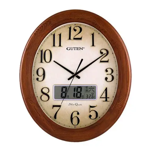 金钟宝椭圆形实木挂钟欧式复古石英钟日历温度静音挂钟