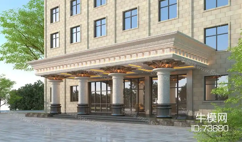 的欧式建筑外观效果图素材免费下载,本作品主题是欧式酒店门头3d模型