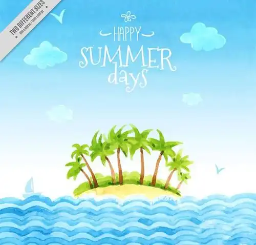 矢量素材,海鸥,云朵,帆船,度假,假期,夏季,大海,椰子树,岛屿,矢量图