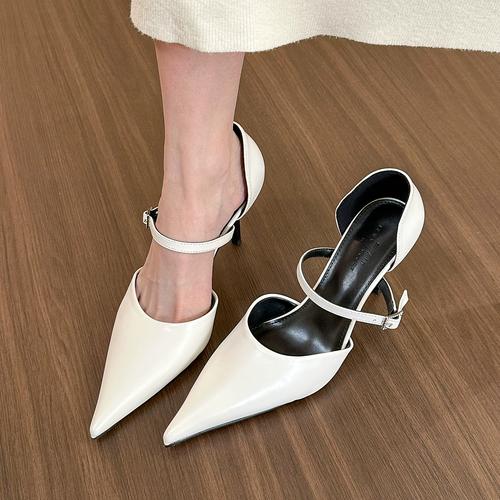 白色尖头中空单鞋女2024绝美高跟凉鞋女