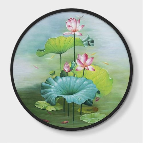 米聆新中式客厅圆形挂画纯手绘玄关油画荷花九鱼图装饰画风水招财壁画