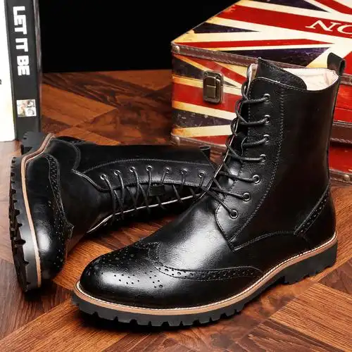 男士皮靴男靴布洛克款式真皮雕花保暖韩版潮流中筒靴高帮马丁靴男