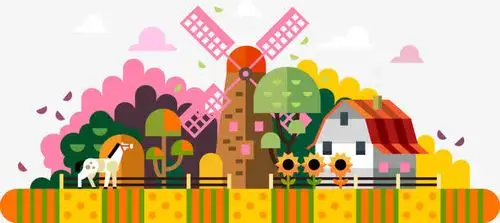 彩绘卡通风车房子图案