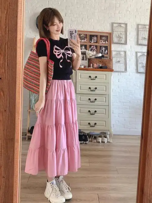 粉色裙子女2024新款夏季小个子甜美小众高腰显瘦a字中长款半身… - 17