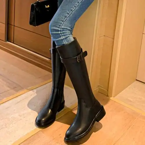 全牛皮高筒靴女平底不过膝长靴女秋冬季真皮棕色复古粗跟骑士靴圆头