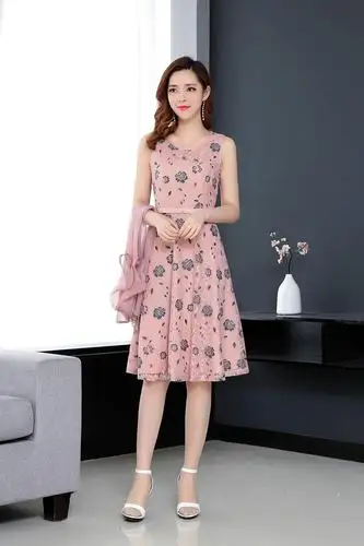 时尚套装裙女 夏装新款短袖印花蕾丝背心裙雪纺开衫两件套连衣裙